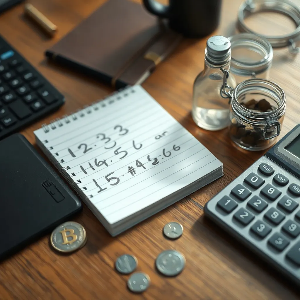 A close-up of a wooden desk with a calculator, a notebook wi