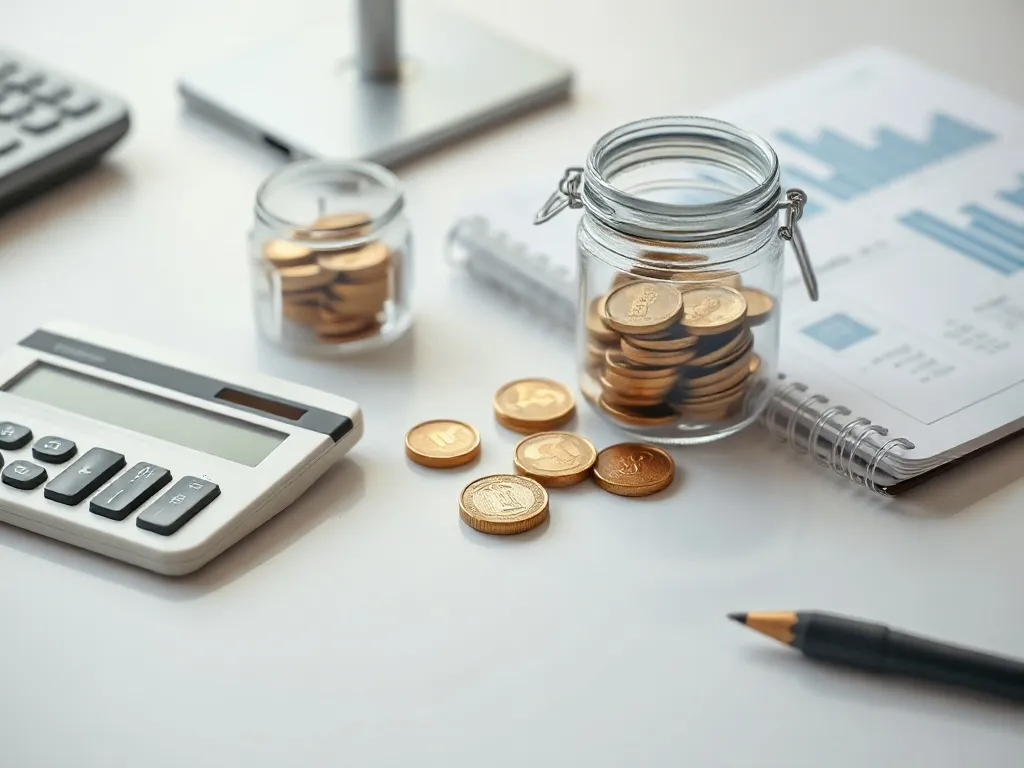A detailed desk with a calculator, some coins in a glass jar