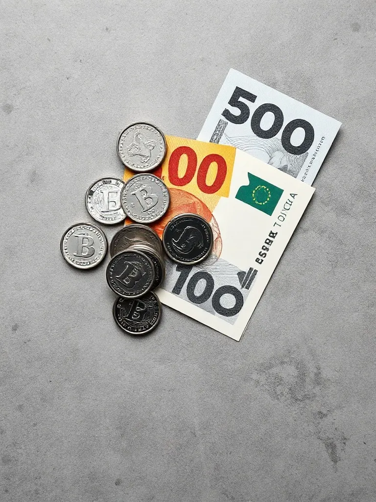 A minimalist overhead shot of silver coins and a few crisp b