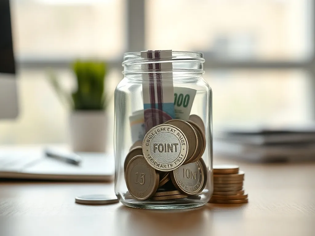 A close-up of a simple glass jar with some Hungarian Forint