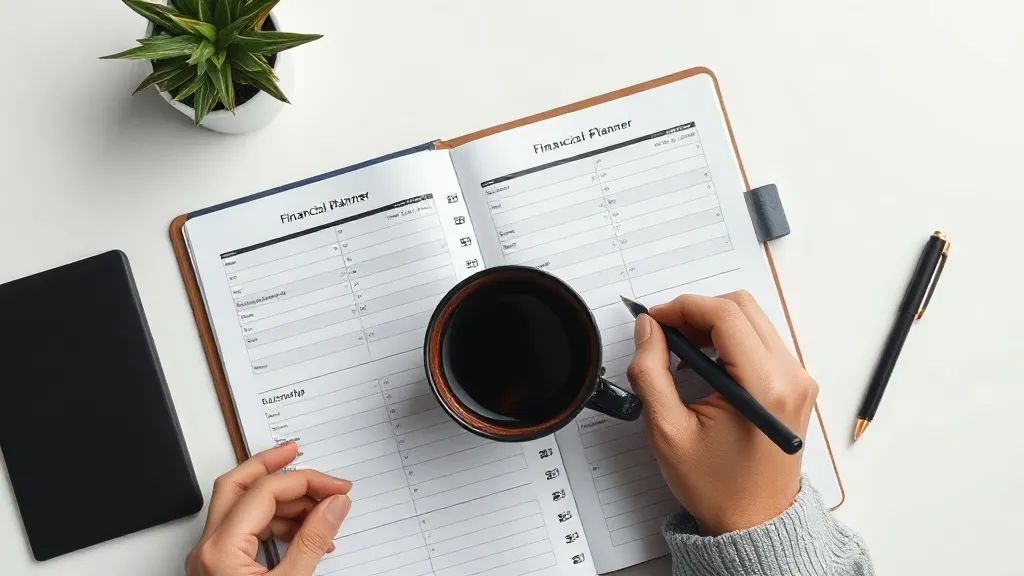 A person writing in a financial planner with a cup of coffee